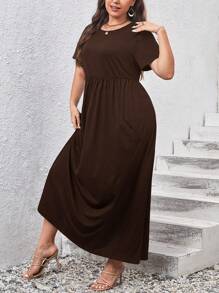 SHEIN Essnce Plus Solid Pocket Detail A-line Dress - Brown - View 3
