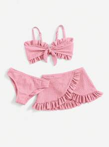 Ensemble de bikini avec jupe de plage, avec volants et nœud devant pour jeune fille, été plage