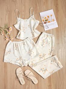 Floral Print Cami Top & Shorts & Pants PJ Set / Pajama Set - Beige - View 1