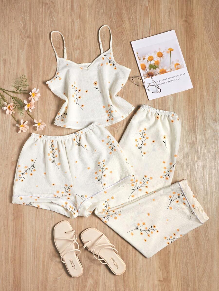 Floral Print Cami Top & Shorts & Pants PJ Set / Pajama Set - Beige - View 1
