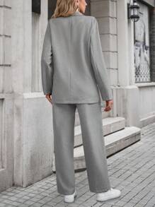 SHEIN LUNE 素色西裝領西裝外套&接縫細節長褲 - 灰色 - 查看 2