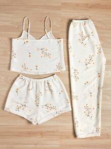 Floral Print Cami Top & Shorts & Pants PJ Set / Pajama Set - Beige - View 2