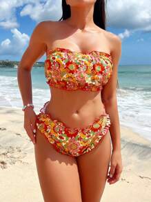 Summer Floral Print Bandeau Bikini Set - Multicolor - View 3