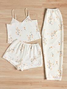 Floral Print Cami Top & Shorts & Pants PJ Set / Pajama Set - Beige - View 4
