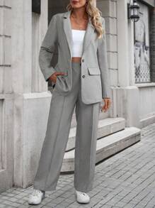 SHEIN LUNE 素色西裝領西裝外套&接縫細節長褲 - 灰色 - 查看 4