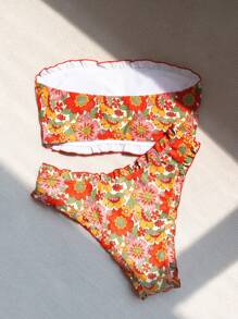 Summer Floral Print Bandeau Bikini Set - Multicolor - View 6
