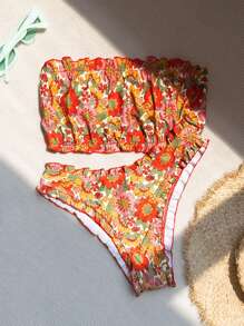 Summer Floral Print Bandeau Bikini Set - Multicolor - View 7