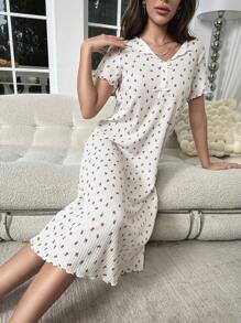 碎花木耳邊前紐扣睡裙 - 米色 - 查看 1