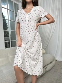 碎花木耳邊前紐扣睡裙 - 米色 - 查看 4