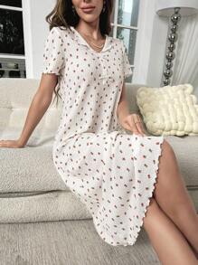 碎花木耳邊前紐扣睡裙 - 米色 - 查看 5