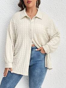 INAWLY 大碼落肩袖前紐扣襯衫 - 米色 - 查看 1