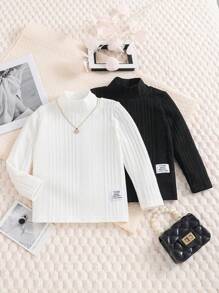 SHEIN Young Girl 2pcs Letter Patched Detail Mock Neck Tee - Black and White - View 1