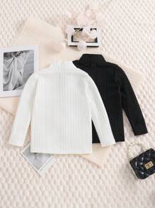 SHEIN Young Girl 2pcs Letter Patched Detail Mock Neck Tee - Black and White - View 2