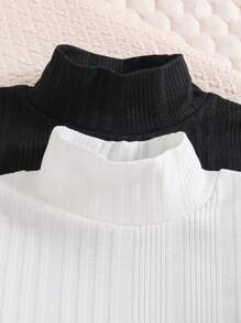 SHEIN Young Girl 2pcs Letter Patched Detail Mock Neck Tee - Black and White - View 3