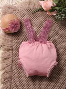 SHEIN 女嬰後綁帶蝴蝶結蕾絲拼接短褲和頭巾拍攝套裝 - 藕粉色 - 查看 4