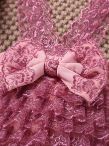 SHEIN 女嬰後綁帶蝴蝶結蕾絲拼接短褲和頭巾拍攝套裝 - 藕粉色 - 查看 7