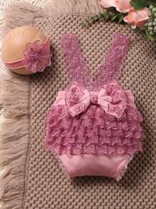 SHEIN 女嬰後綁帶蝴蝶結蕾絲拼接短褲和頭巾拍攝套裝 - 藕粉色 - 查看 8