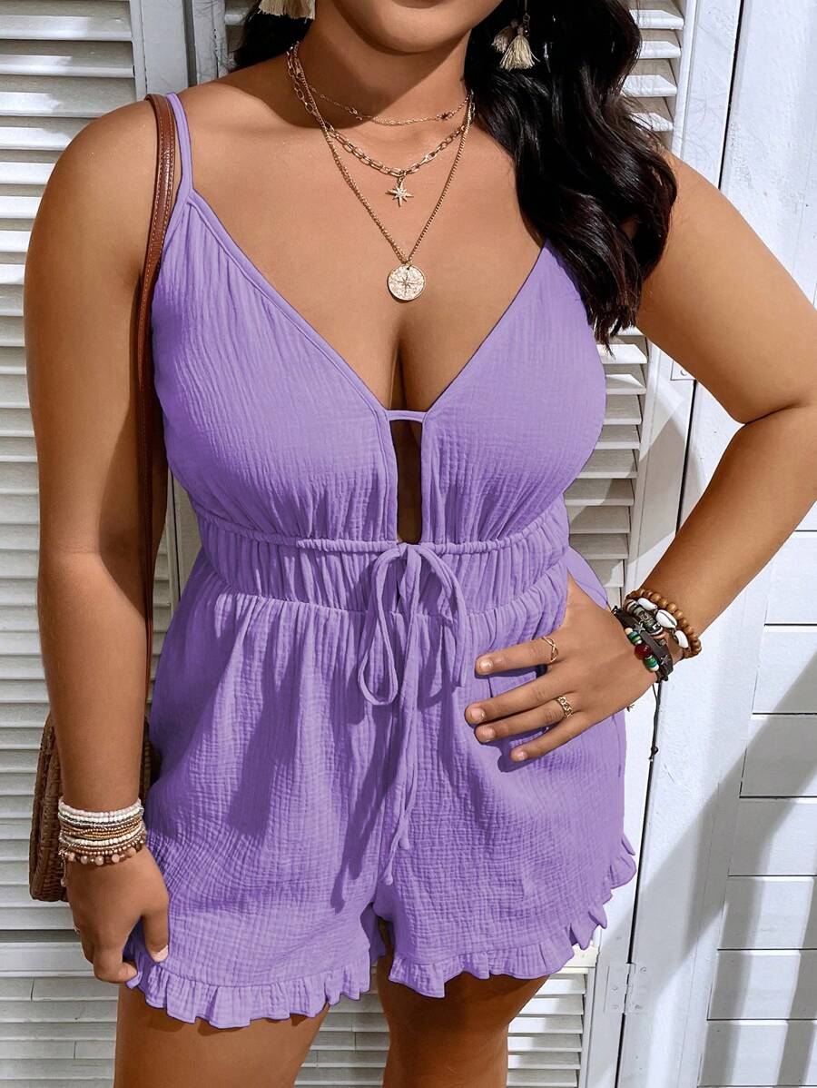 SHEIN Holidaya Plus Tie Front Ruffle Hem Cami Romper - Lilac Purple - View 1