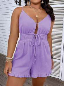 SHEIN Holidaya Plus Tie Front Ruffle Hem Cami Romper - Lilac Purple - View 3