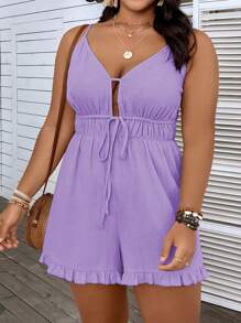 SHEIN Holidaya Plus Tie Front Ruffle Hem Cami Romper - Lilac Purple - View 4