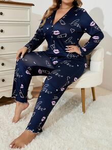 Talla grande Mameluco de dormir con estampado con estampado con botón delantero - Azul - Ver 3