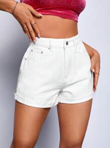 Solid Roll Up Hem Denim Shorts - White - View 1