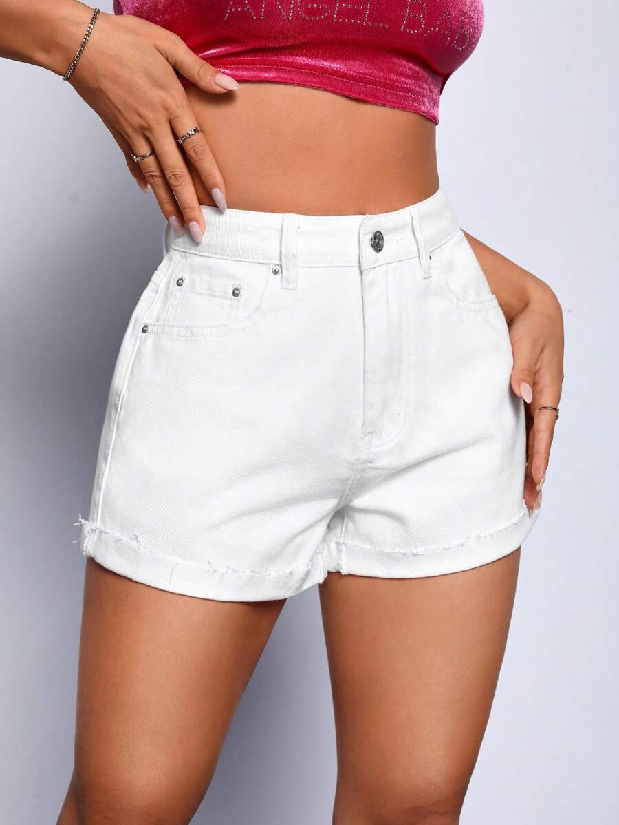 Solid Roll Up Hem Denim Shorts - White - View 1