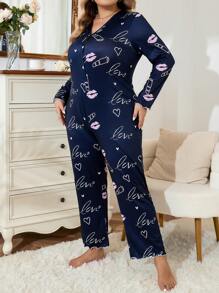 Talla grande Mameluco de dormir con estampado con estampado con botón delantero - Azul - Ver 1