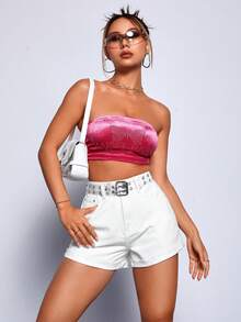 Solid Roll Up Hem Denim Shorts - White - View 3