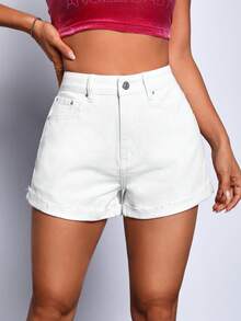 Solid Roll Up Hem Denim Shorts - White - View 4