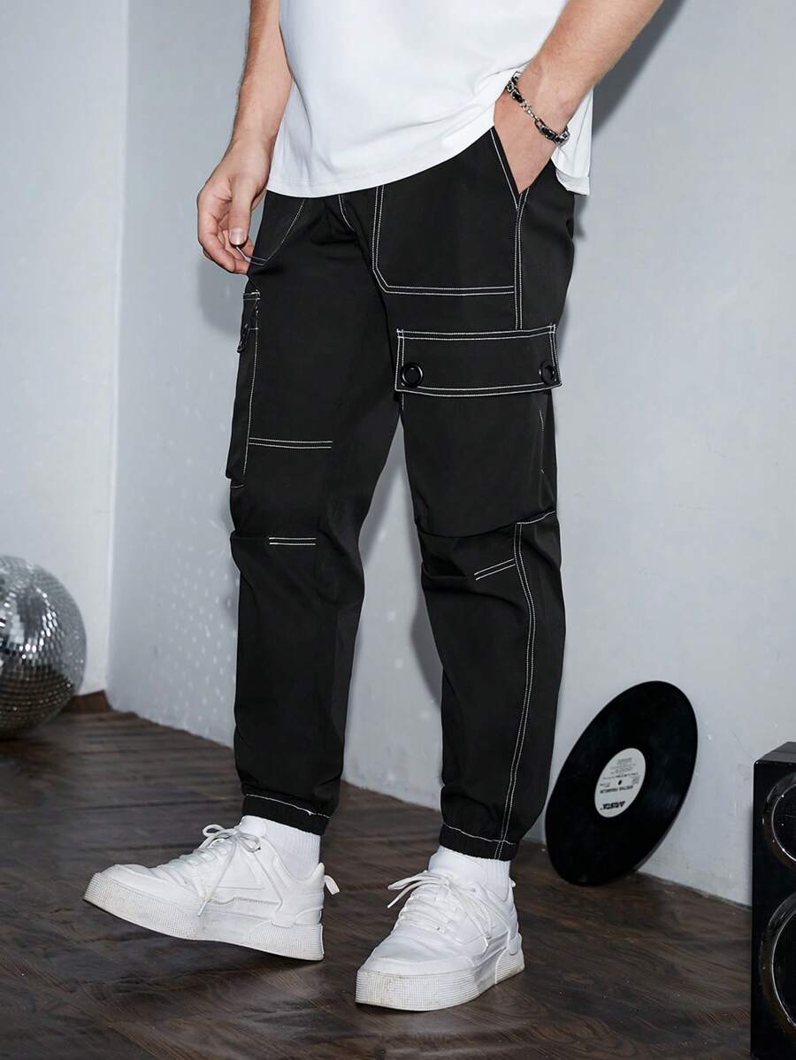 Manfinity VCAY Men Top-stitching Flap Pocket Side Cargo Trousers - Black - View 1