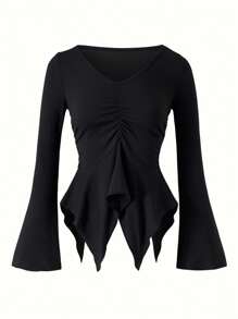 SHEIN Teen Girls Ruched Front Hanky Hem Tee - Black - View 1