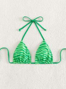 Zebra Striped Halter Triangle Bikini Top - Green - View 3