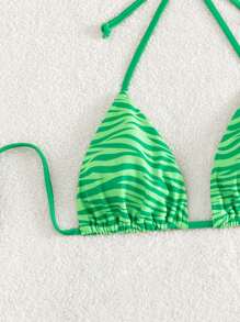 Zebra Striped Halter Triangle Bikini Top - Green - View 4