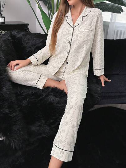 Floral Print Contrast Binding PJ Set / Pajama Set, Fall Winter Clothes