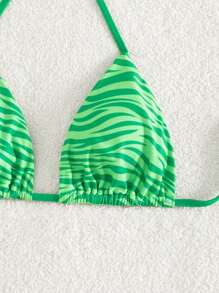 Zebra Striped Halter Triangle Bikini Top - Green - View 5