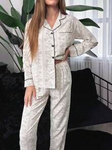 花卉印花撞色包边睡衣套装/家居服套装，秋冬服装 - 米色 - 查看 4