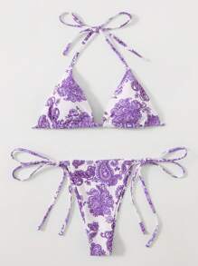 Paisley Print Halter Triangle Bikini Set - White - View 1