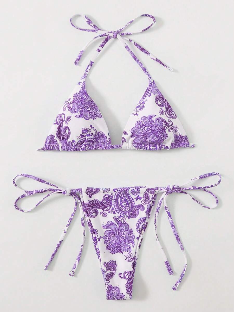 Paisley Print Halter Triangle Bikini Set - White - View 1