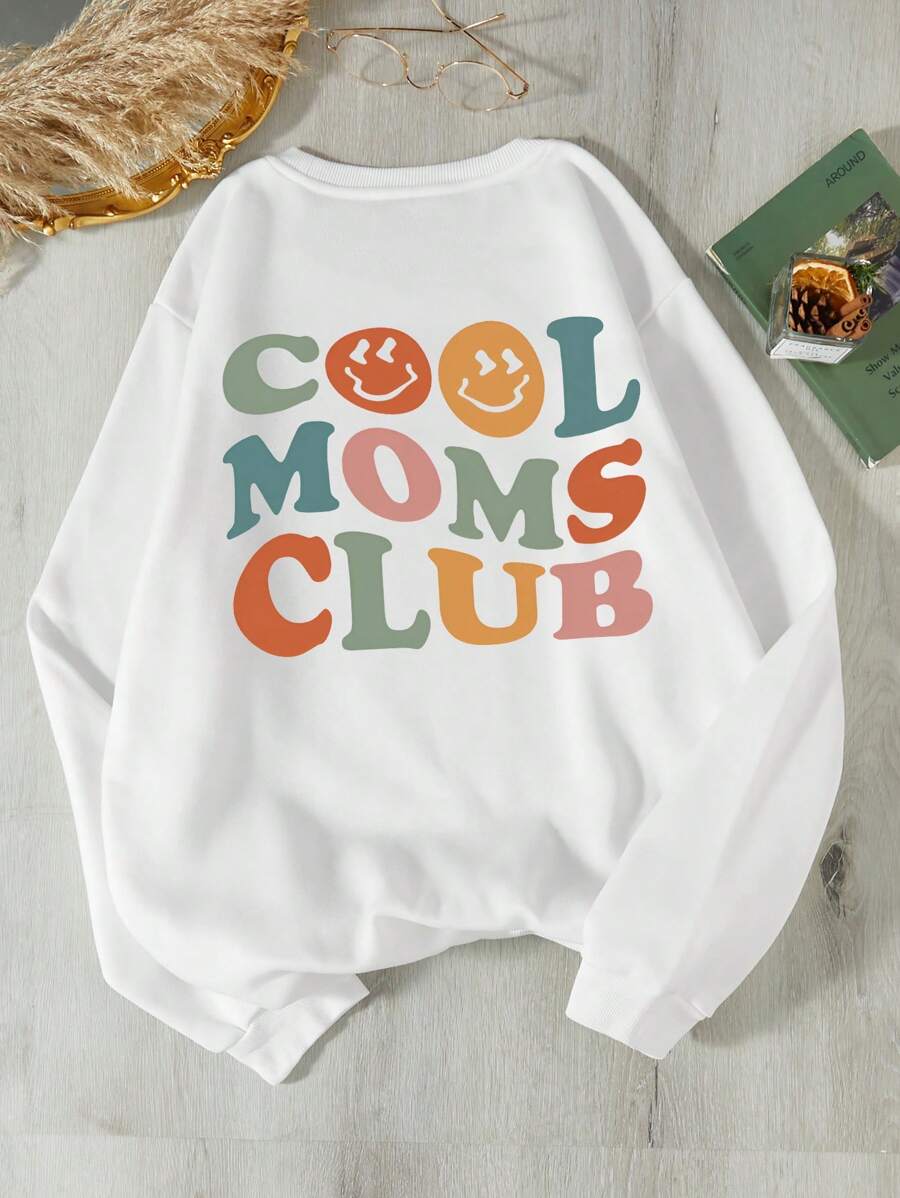 SHEIN EZwear Slogan Áo nỉ lót nhiệt họa tiết COOL MOMS CLUB - trắng - Xem 1