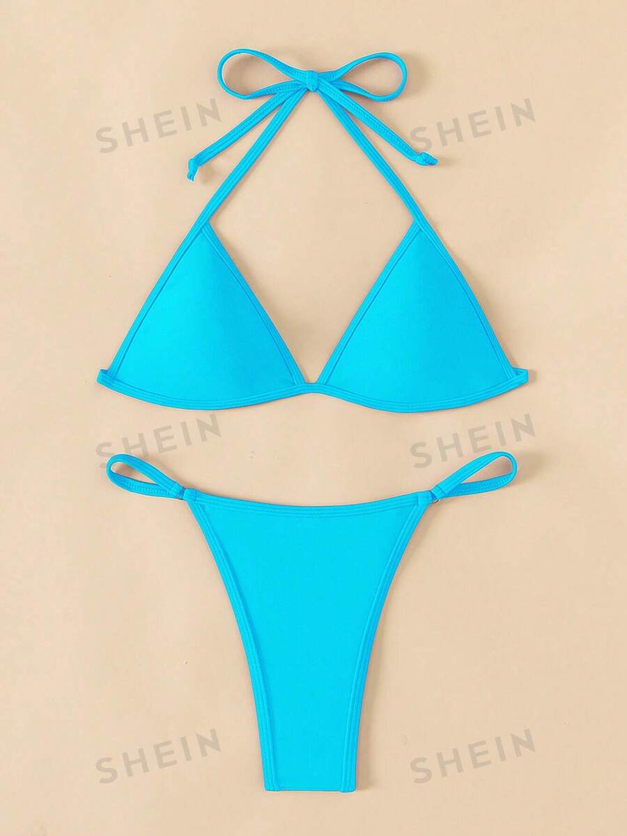 Conjunto de bikini triangulo sólido tipo tanga - Azul - Ver 1