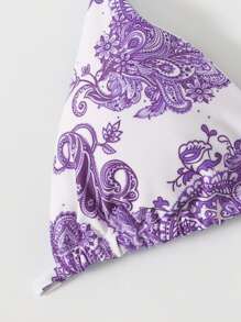 Paisley Print Halter Triangle Bikini Set - White - View 5