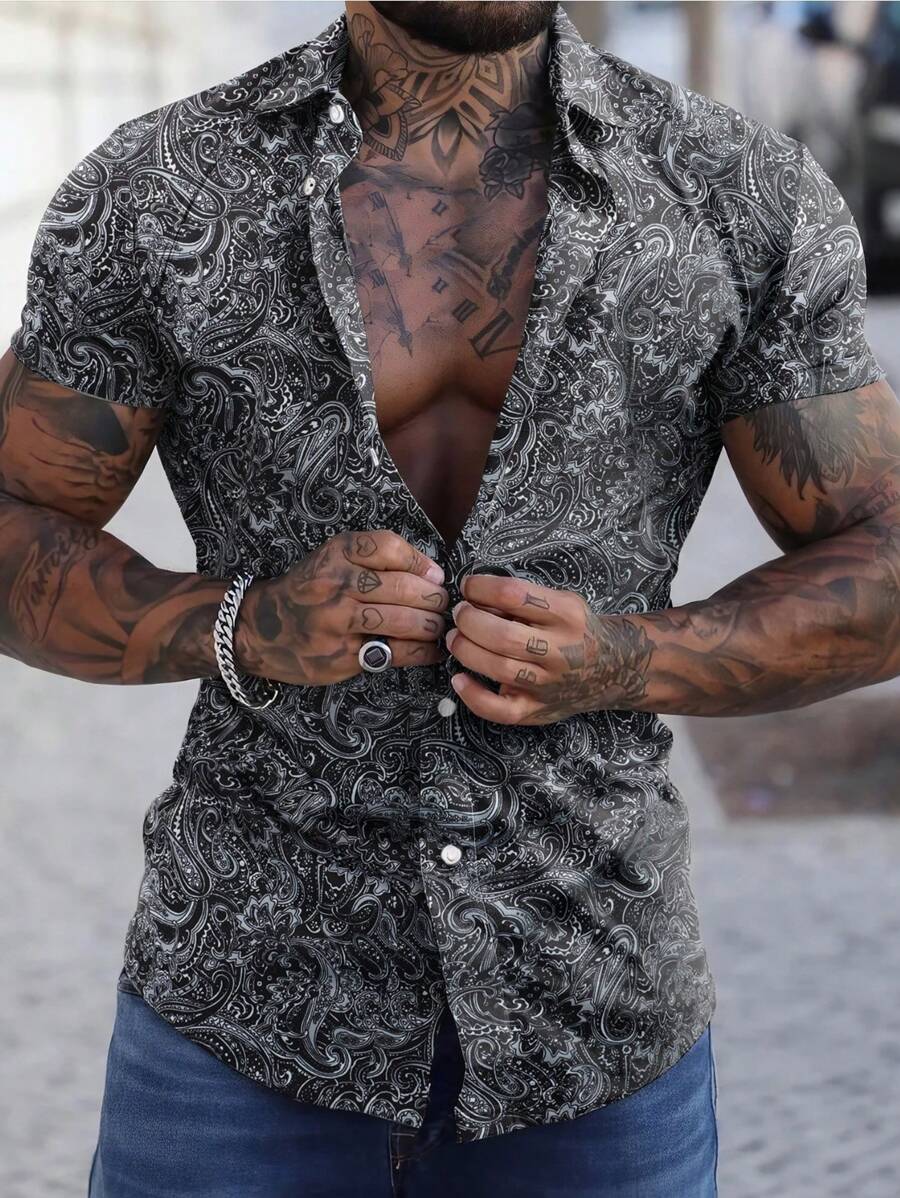 Manfinity LEGND Men Paisley Print Shirt Slim Fit Short Sleeve Button Up Graphic Floral Art Shirt For Husband - Multicolor - View 1