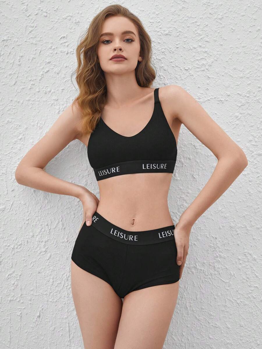 Ocili Leisure Smooth & Comfy Waist Letter Tape Bra And Boyshort Set - Black - View 1