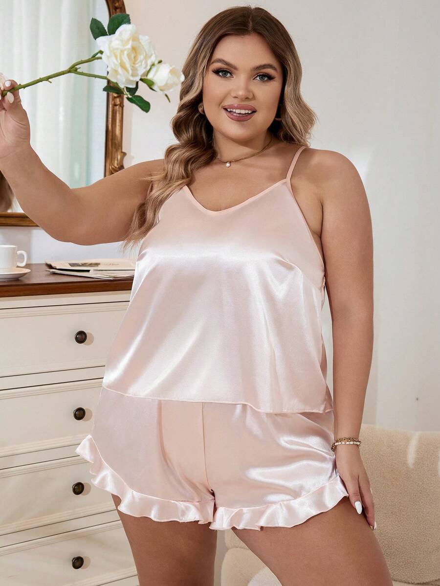 Plus Bộ PJ Satin Ruffle Hem / Bộ Pyjama - Rượu sâm banh - Xem 1