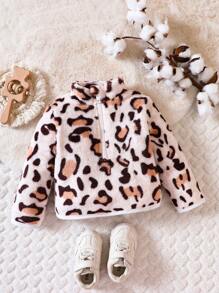SHEIN Baby Girl Leopard Pattern Half Zip Teddy Sweatshirt - Multicolor - View 1