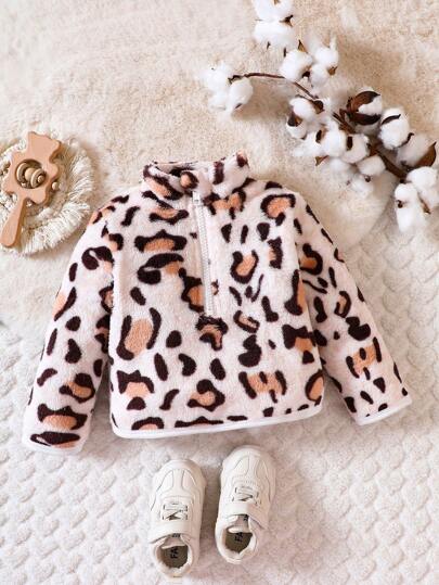 SHEIN Baby Girl Leopard Pattern Half Zip Teddy Sweatshirt