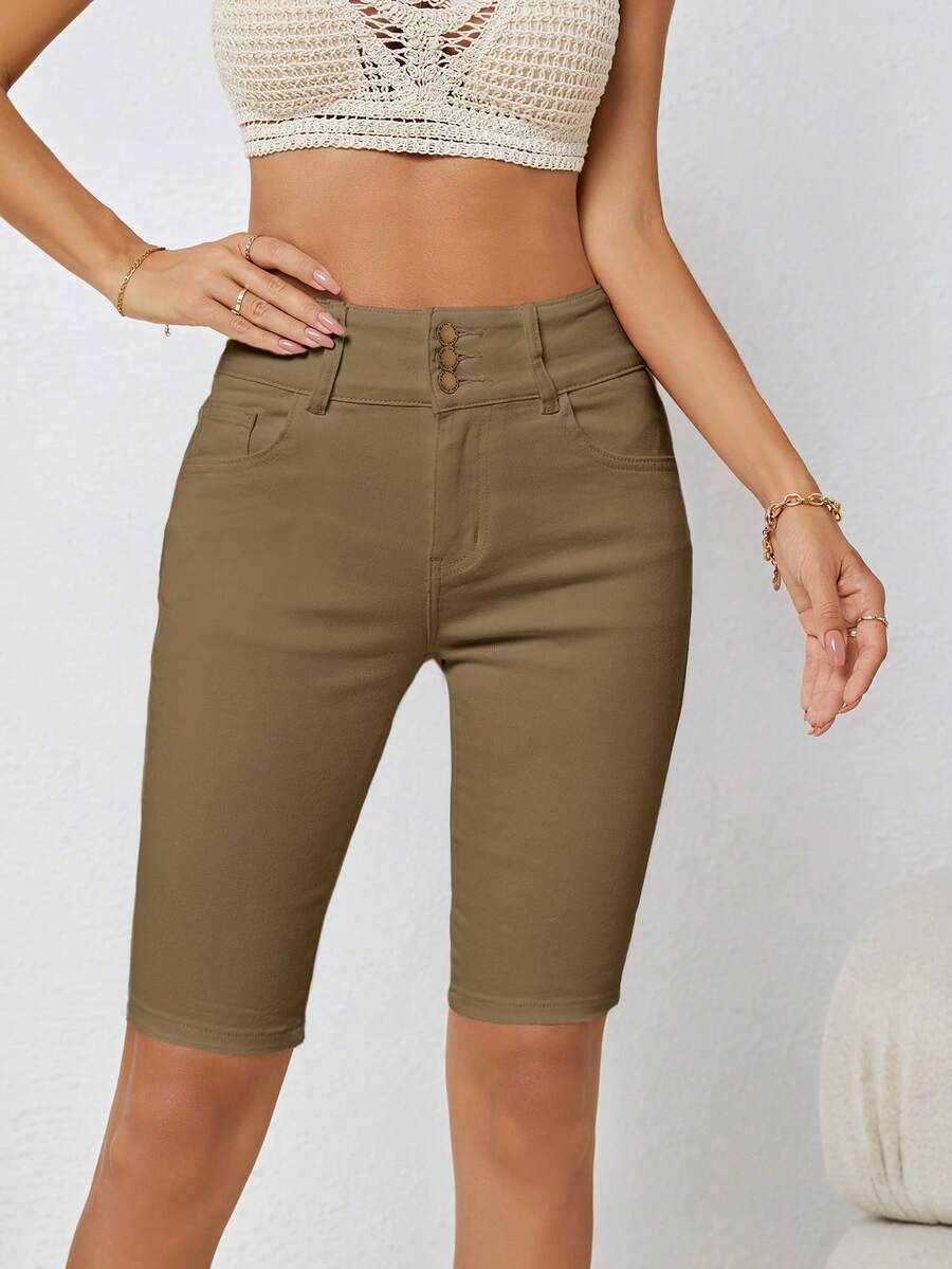 紐扣門襟百慕大牛仔短褲 - 卡其色 - 查看 1