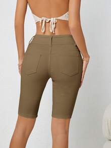 紐扣門襟百慕大牛仔短褲 - 卡其色 - 查看 2