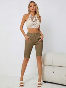 紐扣門襟百慕大牛仔短褲 - 卡其色 - 查看 5